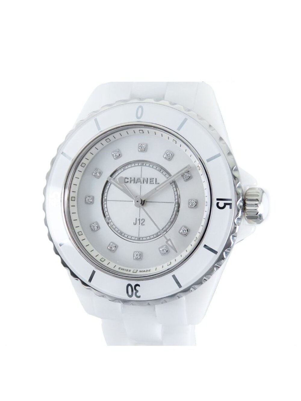 Chanel White Shell Ceramic Diamond SS 33 Watch Quartz